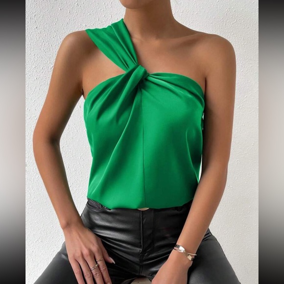 Luxe one shoulder twist front satin blouse - Picture 5 of 15